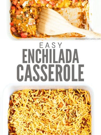 Beef Enchilada Casserole comes together in about 15 minutes and is much easier than traditional enchiladas. Ingredients are layered together, topped with cheese, and baked to warm bubbly perfection!