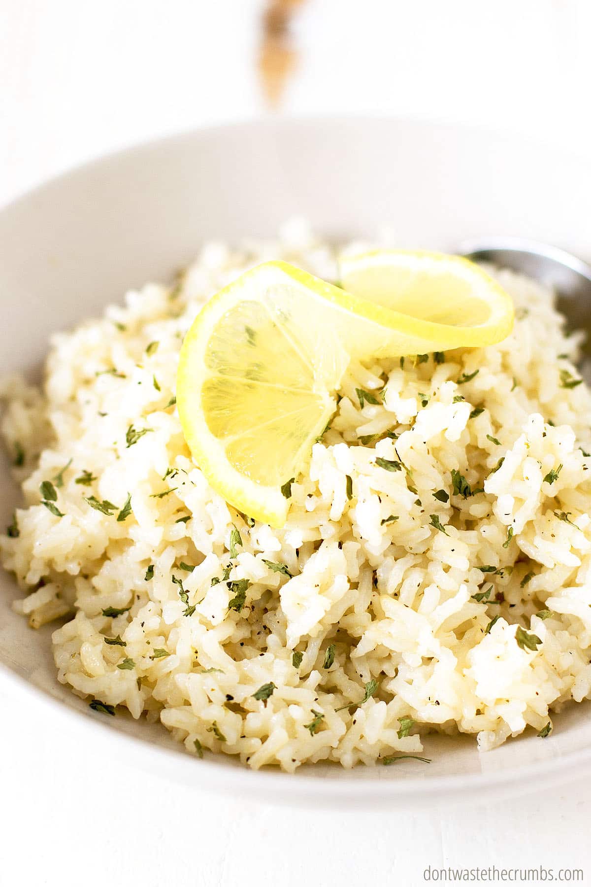 Close up of a bowl of lemon rice with a slice of lemon on top.