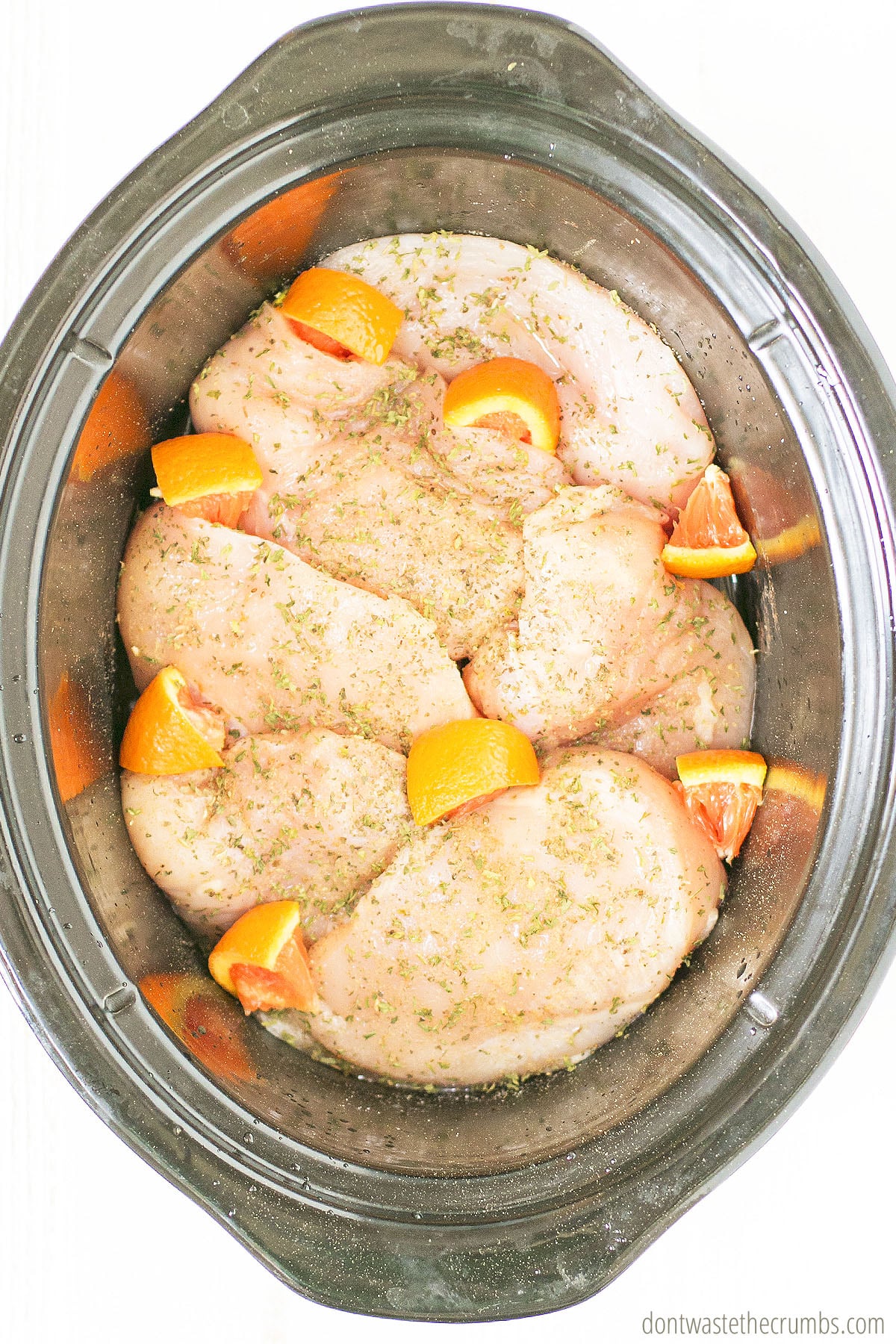 Slow cooker with raw chicken breast and slices of oranges.