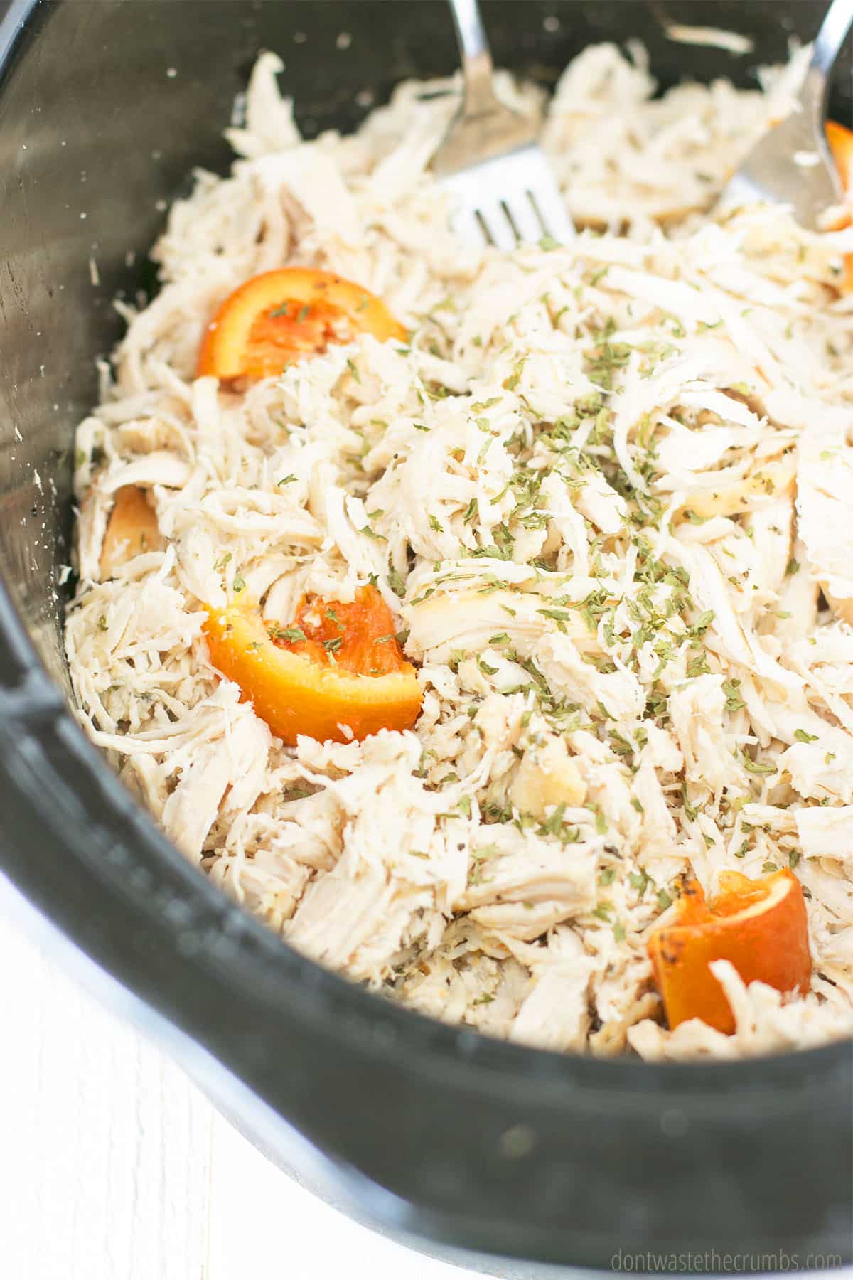 Slow cooker with shredded chicken and seasoning and slices of oranges.