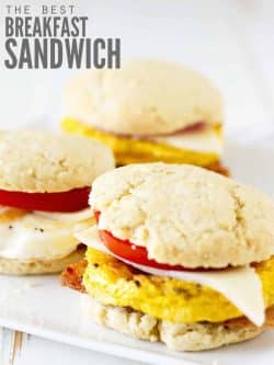 Three breakfast sandwiches on a plate.