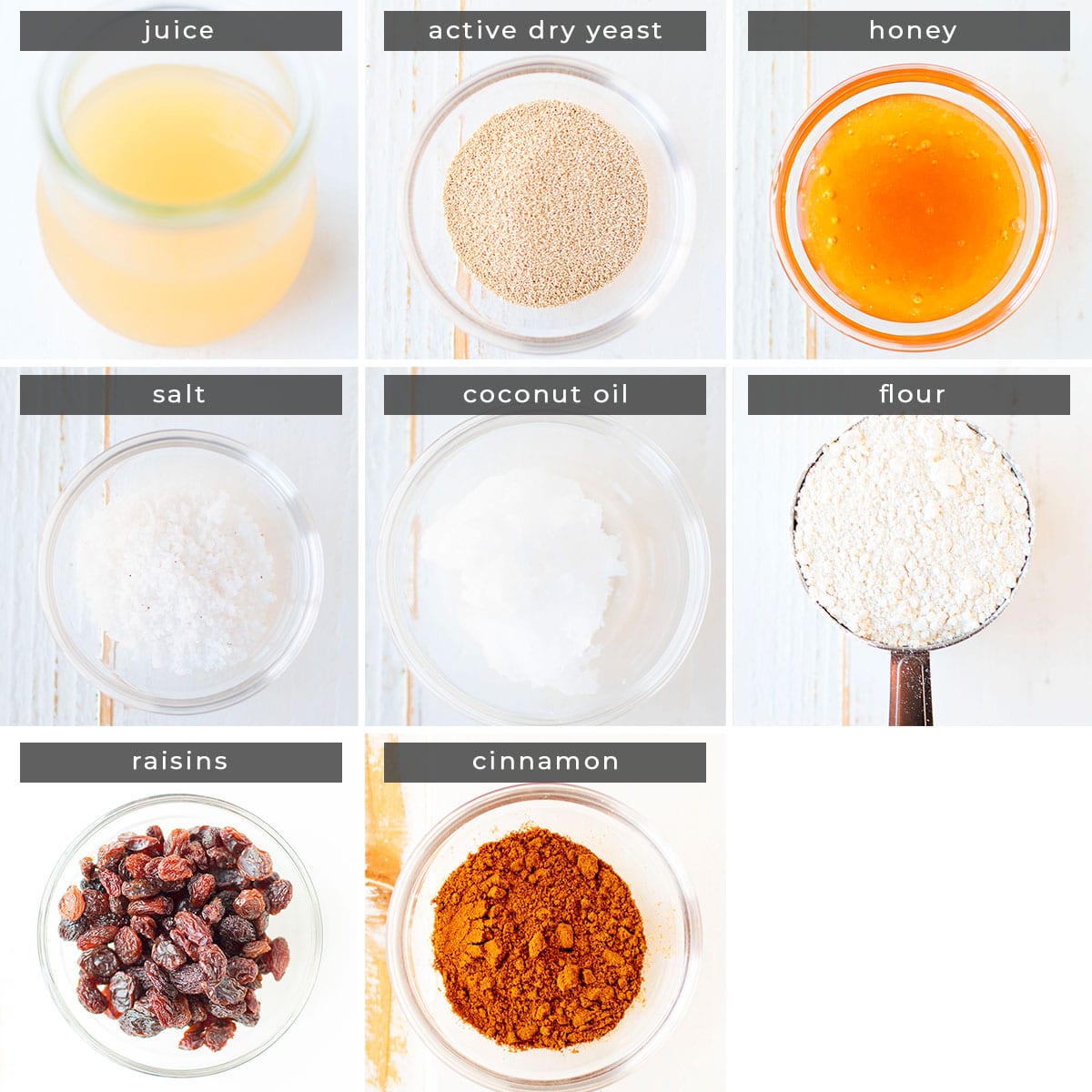 Ingredients collage: juice, active dry yeast, honey, salt, coconut oil, flour, raisins, cinnamon
