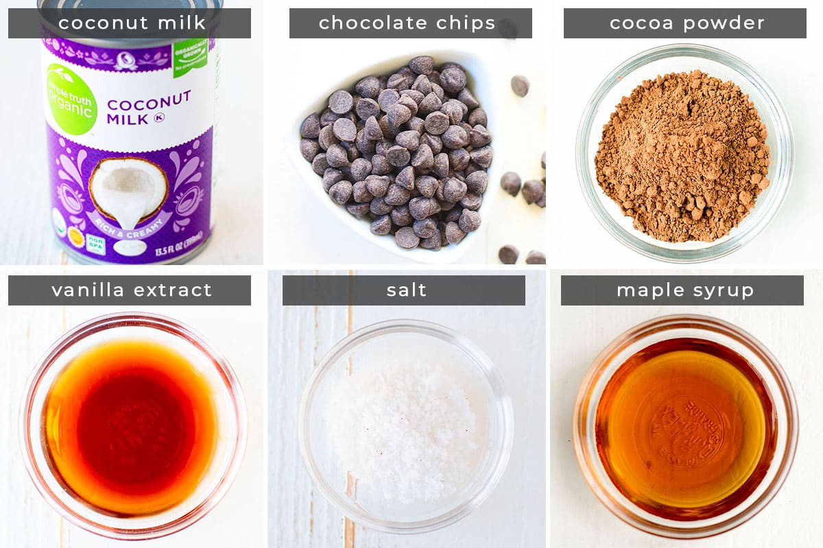 Image showing recipe ingredients: coconut milk, chocolate chips, cocoa powder, vanilla extract, salt, maple syrup.