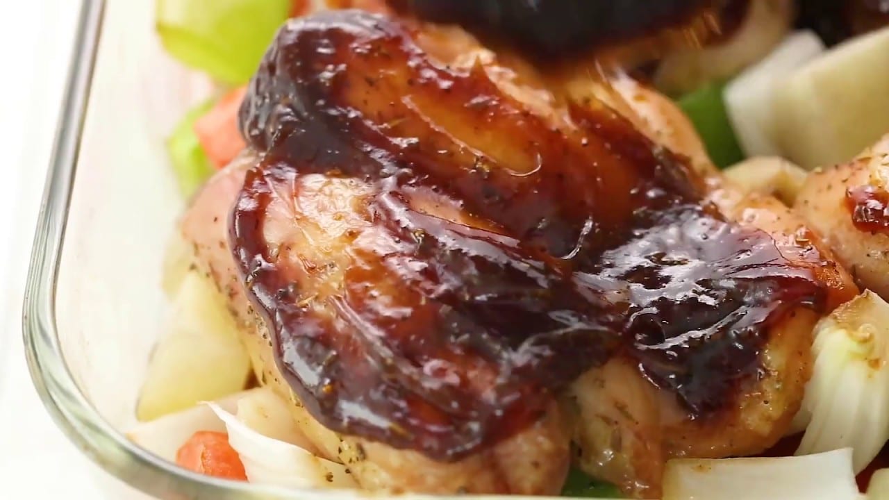 Sweet and sticky chicken with veggies in a baking dish