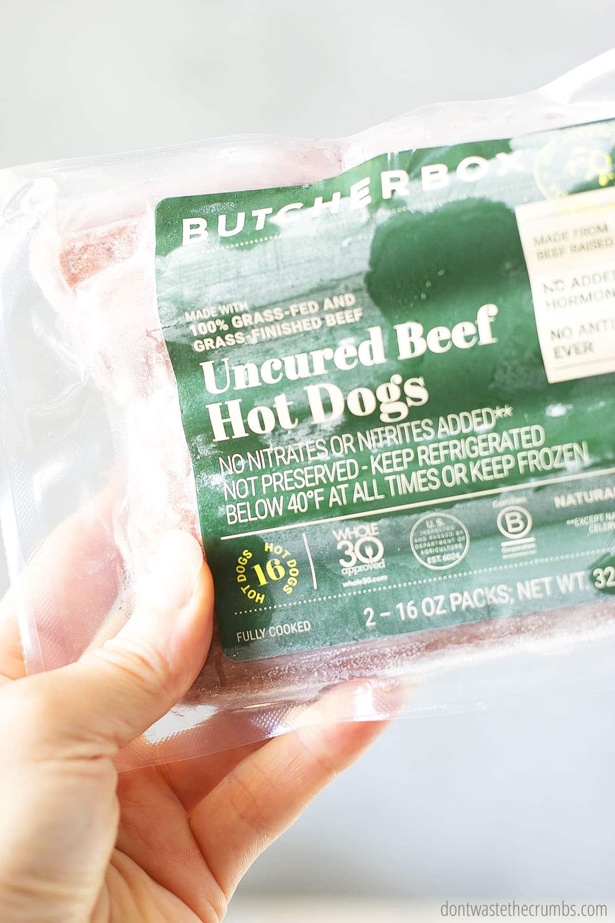 Packaged uncured beef hot dogs