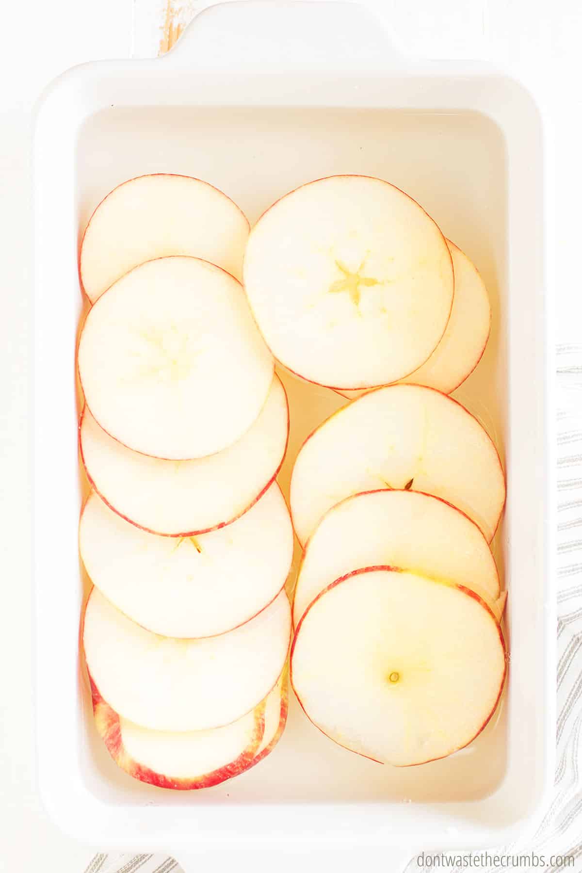 sliced apples resting in a white bowl filled with water, lemon juice, and cinnamon
