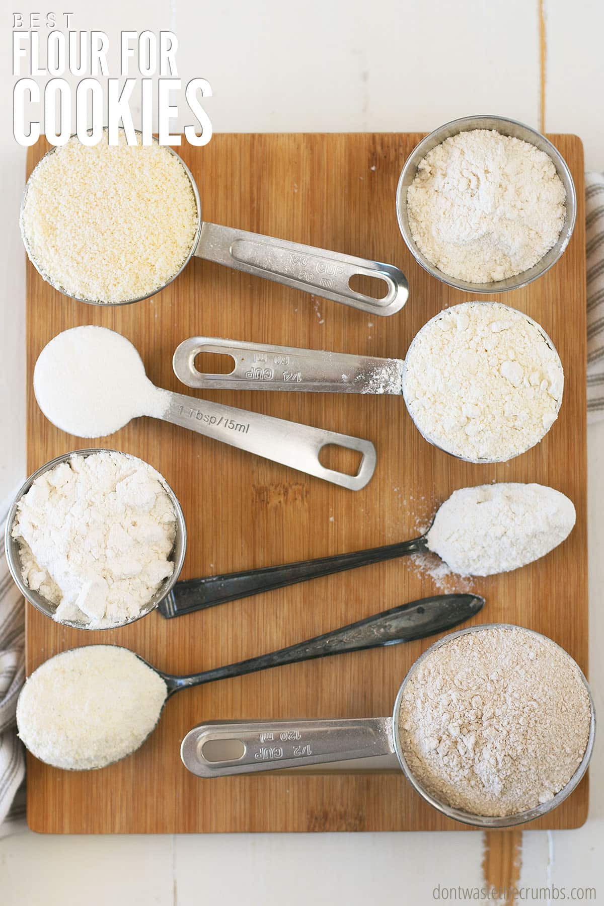 Measuring spoons, measuring cups, and spoons full of different flours. Text overlay reads: Best Flour for Cookies