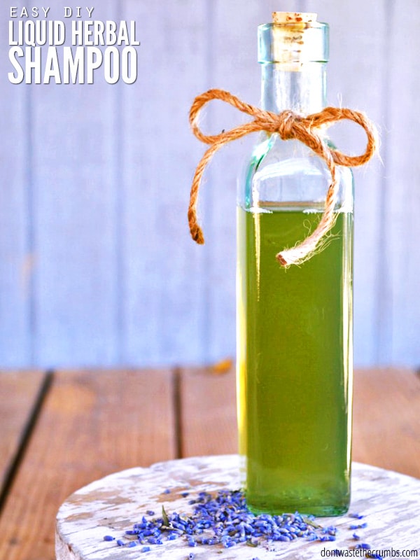 Homemade natural shampoo in a glass jar. Text overlay reads Easy DIY Liquid Herbal Shampoo