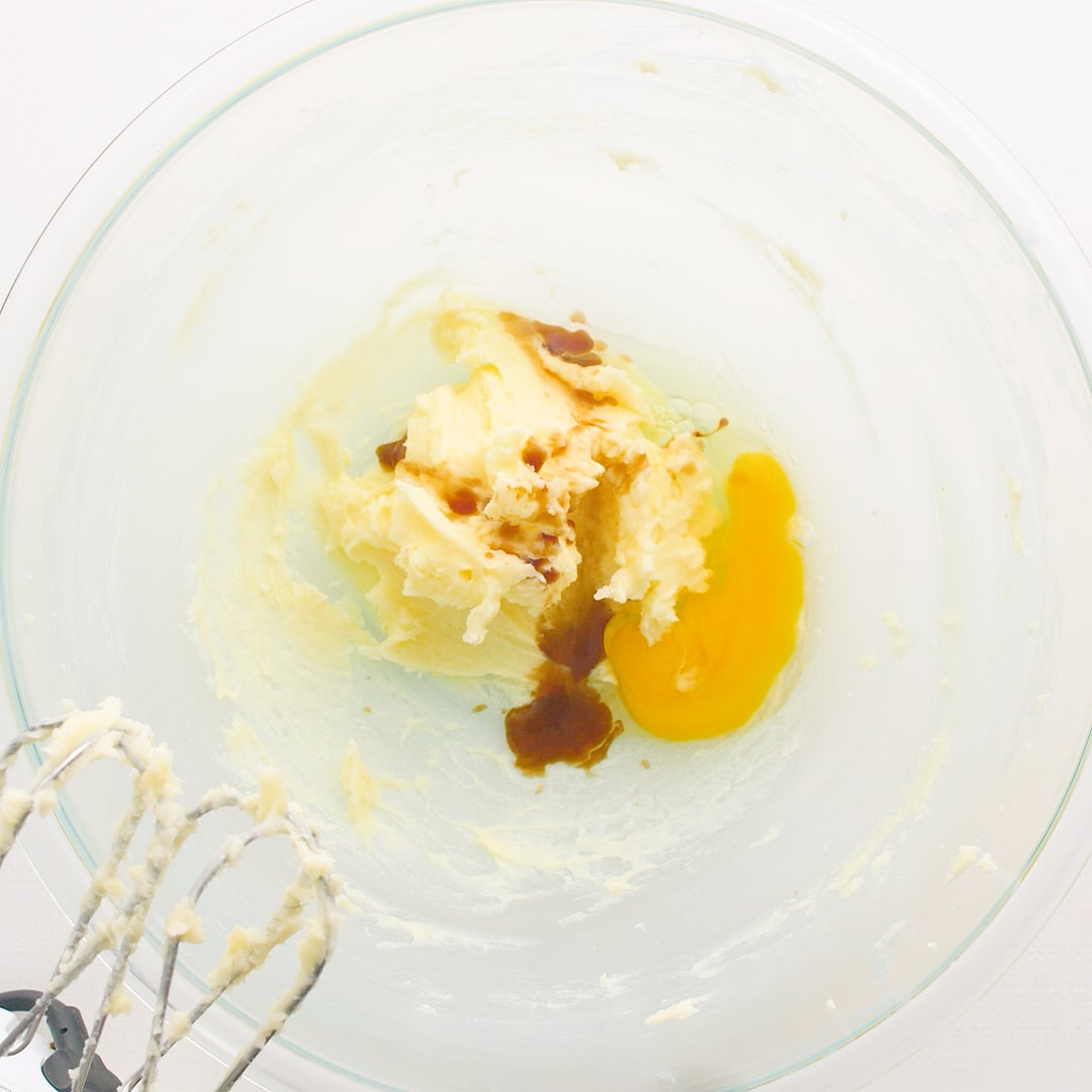 Mixed butter and sugar in a large glass mixing bowl