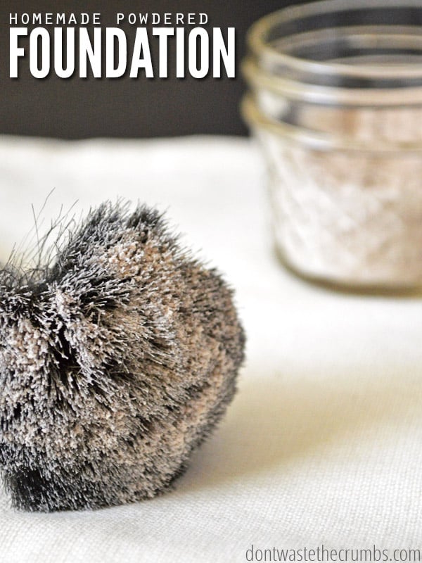 Learn how to make foundation! Image shows a makeup brush with homemade powdered foundation on it. Text overlay reads, "Homemade Powdered Foundation".