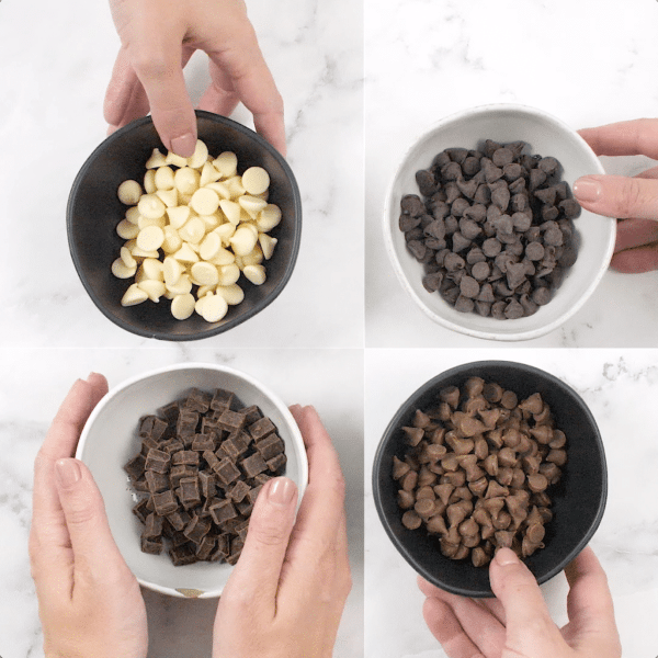 Image shows an image collage of hands holding bowls of chocolate: white chocolate chips, dark chocolate chips, cut up milk chocolate bar, semi sweet chocolate chips,