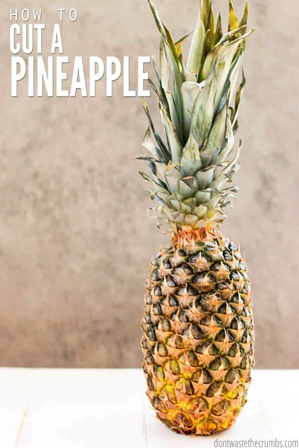 A fresh whole pineapple with the leaves. The text overlay reads, "How to cut a pineapple."