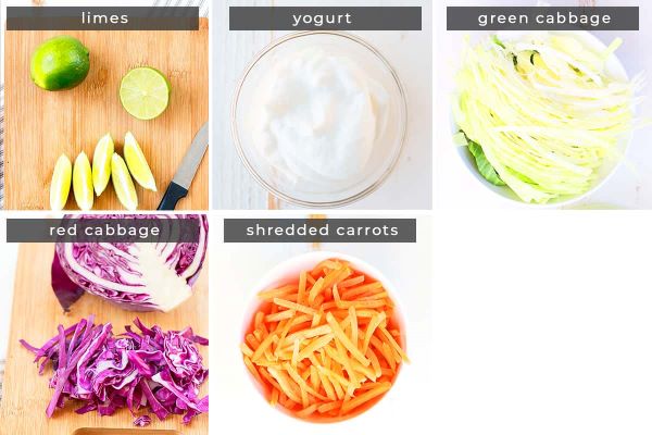 Image containing recipe ingredients limes, yogurt, green cabbage, red cabbage and shredded carrots.
