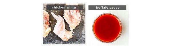 Image containing recipe ingredients chicken wings and buffalo sauce.