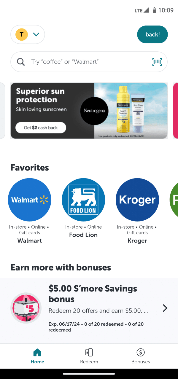 Screenshot of Ibotta app showing stores that can be linked: Walmart, Food Lion, and Kroger, etc.