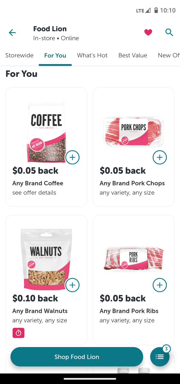 Screenshot of Ibotta app: Food Lion. Coffee   $0.05 back, pork chops $0.05 back, walnuts $0.10 back, pork ribs $0.05 back.