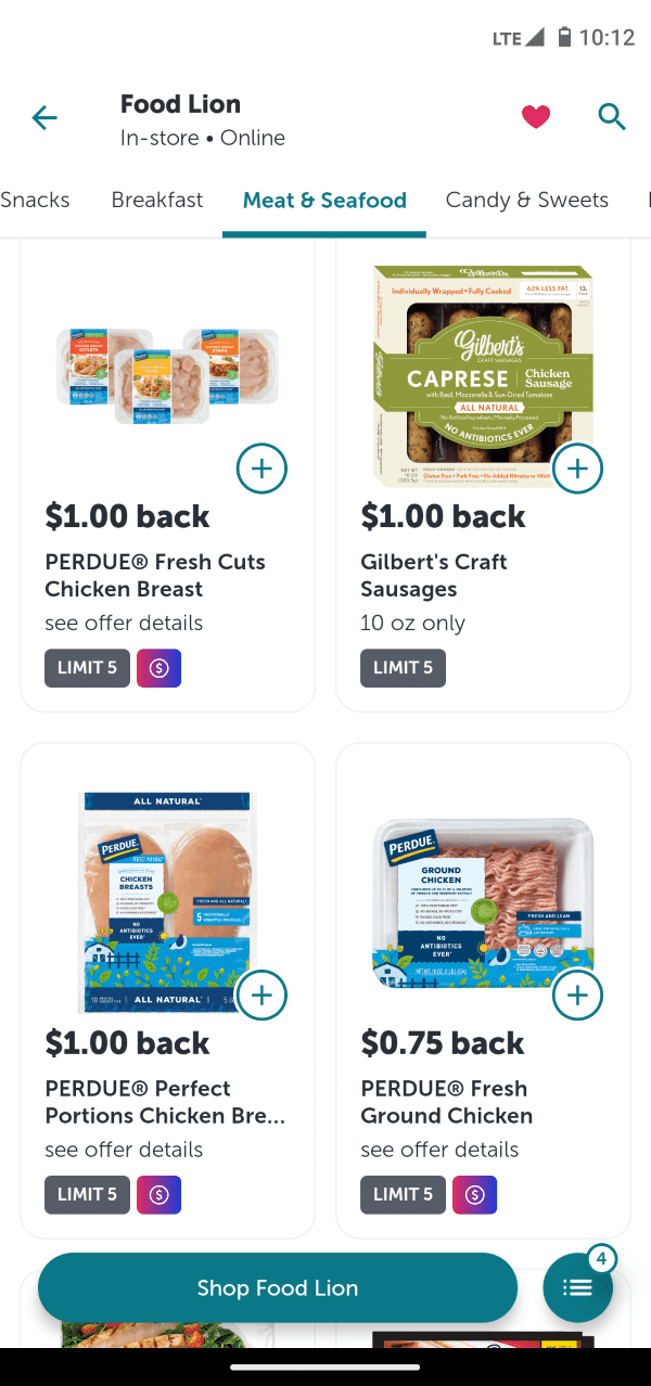 Screenshot Image showing Ibotta app: $1.00 back for PERDUE Fresh Cuts Chicken Breast, $1.00 back for Gilbert's Craft Sausages, $1.00 back for PERDUE Perfect Portions Chicken Breast, $0.75 back for PERDUE Fresh Ground Chicken.