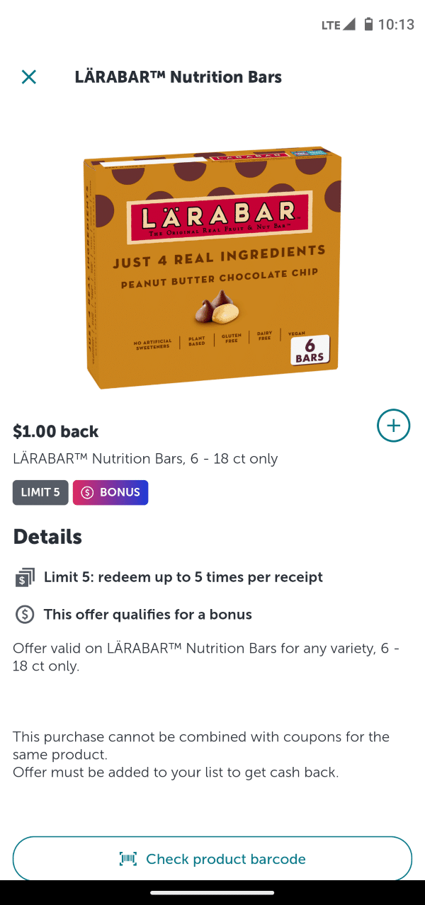 Screenshot of Ibotta app: Larabar Nutrition Bars (Peanut Butter Chocolate Chip). $1.00 back if purchased.