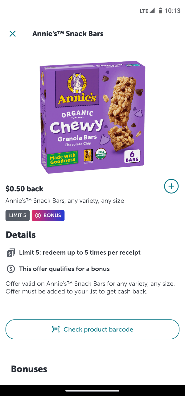 Screenshot of box of Annie's Organic Chewy Granola Bars Chocolate Chip on the Ibotta app. $0.50 back if purchased.