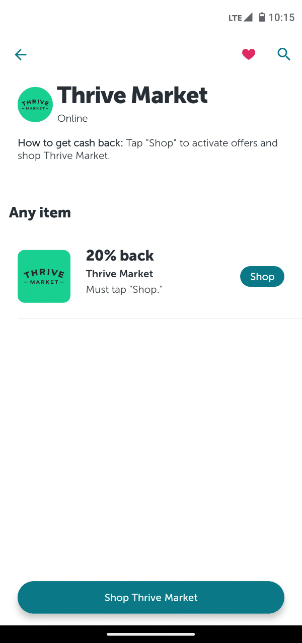 Screenshot images of Ibotta app showing that Thrive Market can be linked. Any item is 20% back.
