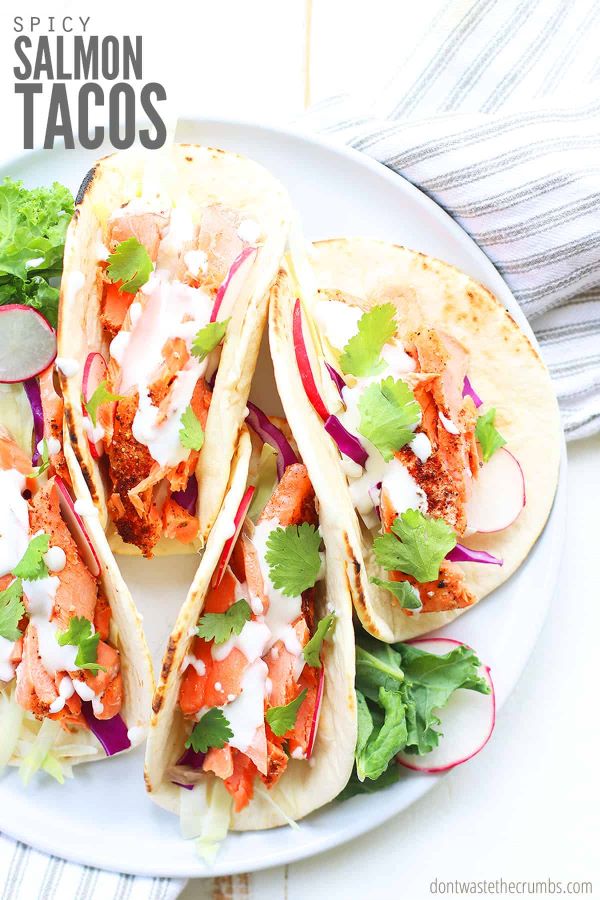 Spicy salmon tacos on a plate. Text overlay reads, "Spicy Salmon Tacos".