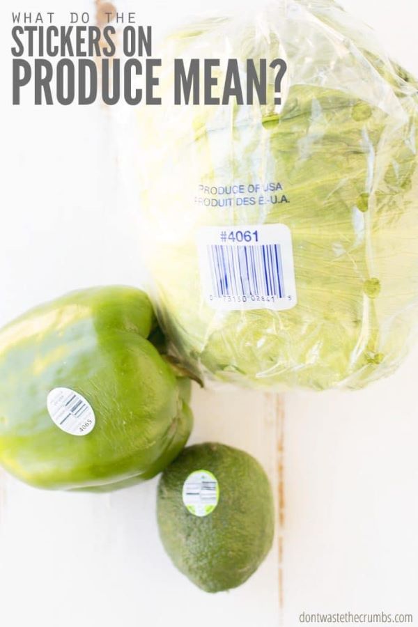 Avocado, green apple, and lettuce. Text overlay reads, "What Do The Stickers On Produce Mean?"