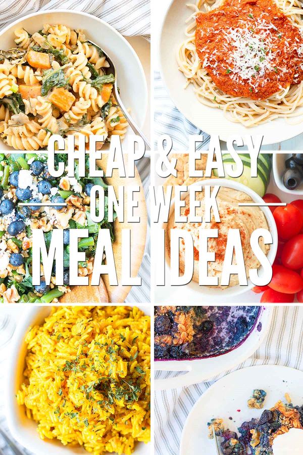 Cheap supper recipes image collage. Six meals pictured. Text overlay reads, "Cheap & Easy One Week Meal Ideas",