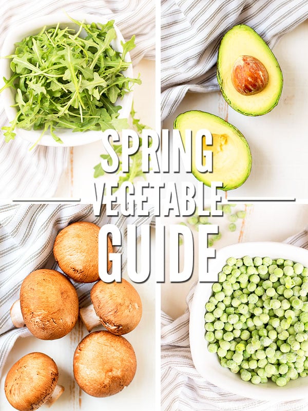 Four images of spring vegetables in a collage: lettuce, mushrooms, avocadoes, and green peas. Text overlay reads, "Spring Vegetable Guide".