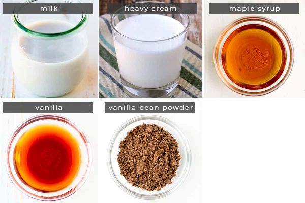 A collage of vanilla coffee creamer recipe ingredients. Top row: a glass of milk, a glass of heavy cream, a glass dish of maple syrup. Bottom row: a glass dish of vanilla extract, a glass dish of vanilla bean powder.