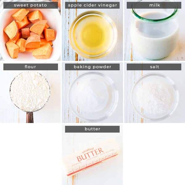 Image containing recipe ingredients sweet potato, apple cider vinegar, milk, flour, baking powder, salt, and butter.