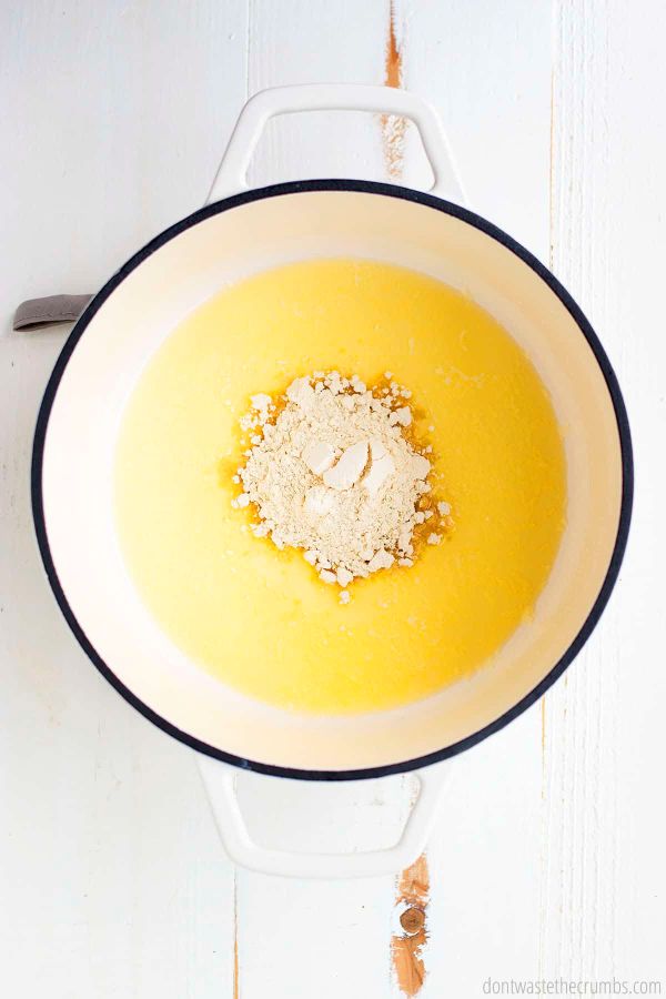 Melted butter and flour in a Dutch oven pot.