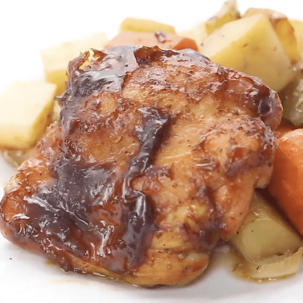 Sweet and sticky chicken with veggies in a baking dish